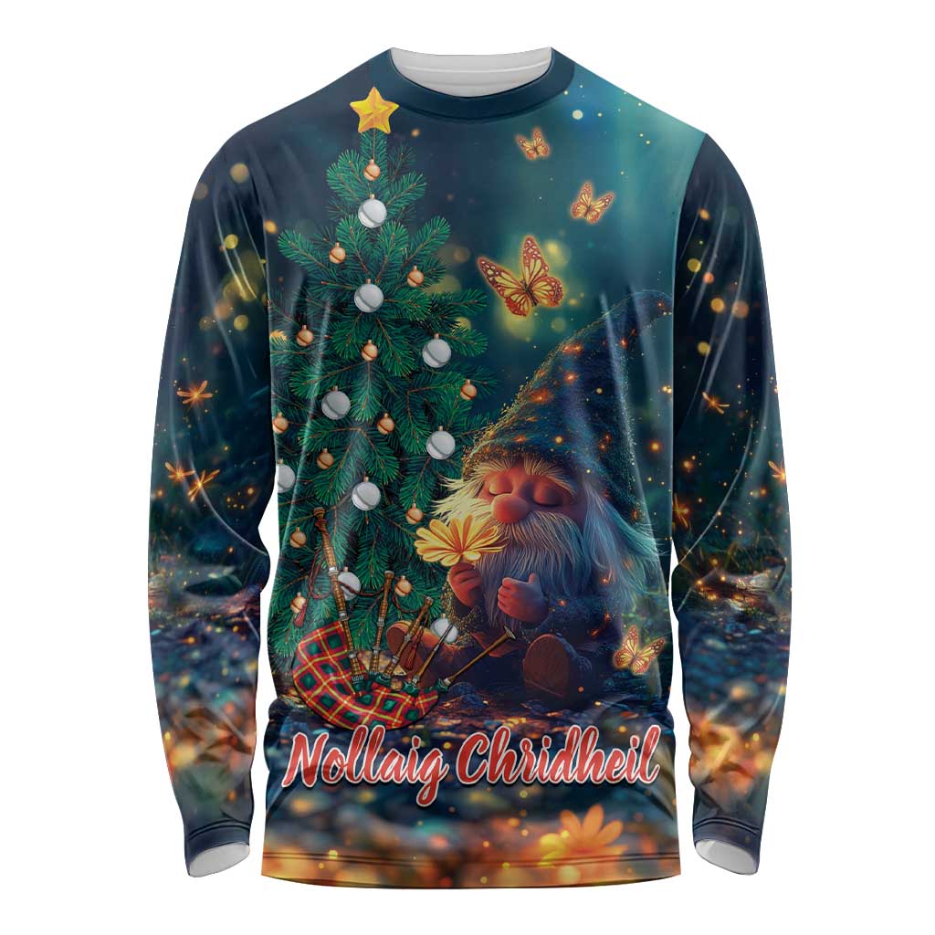 Dark unisex long-sleeve shirt with Christmas tree, gnome, butterflies, and 'Nollaig Chridheil' text