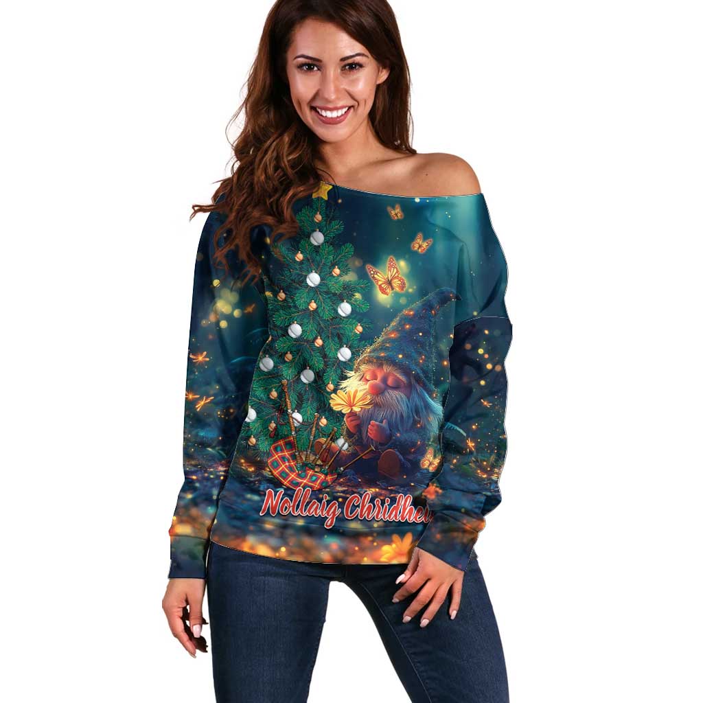 Women's off-shoulder sweater with Christmas gnome and tree graphic, dark blue
