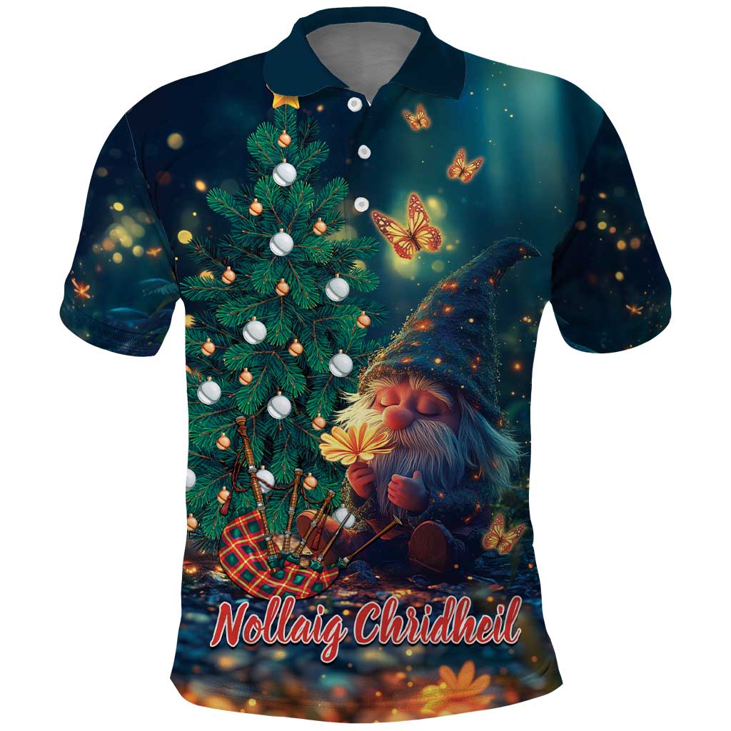 Dark teal Christmas polo shirt with gnome holding present and decorated tree, butterflies