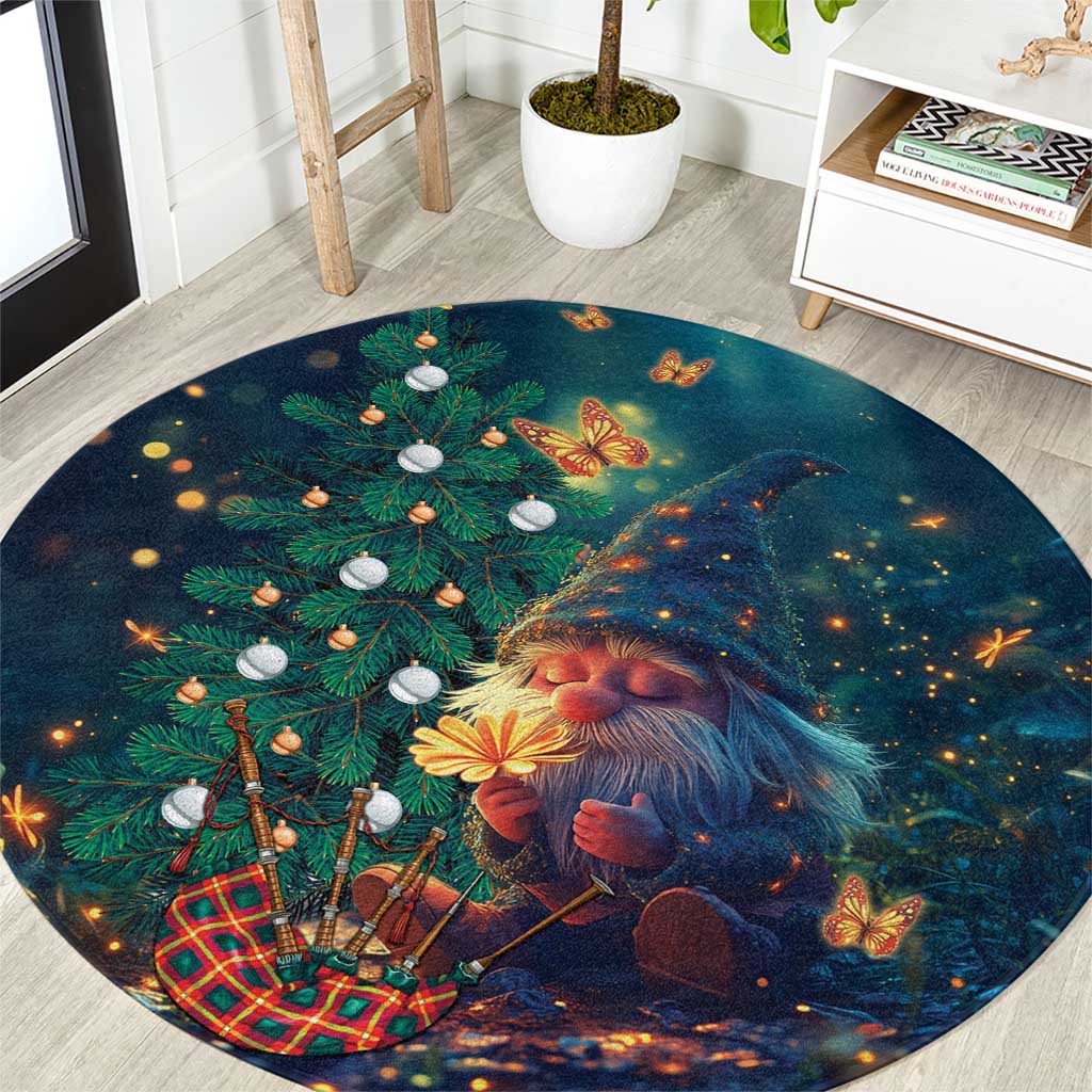 Black round Christmas rug with gnome, pine branches, white baubles and butterfly accents