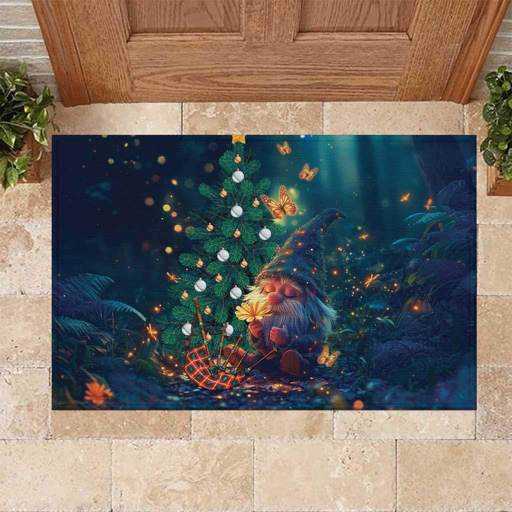 Christmas gnome rubber doormat with tree and butterflies, dark blue design