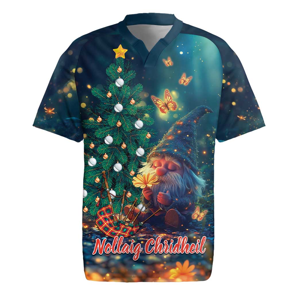 Christmas gnome rugby jersey with pine tree, butterflies, and 'Nollaig Chridheil' front print