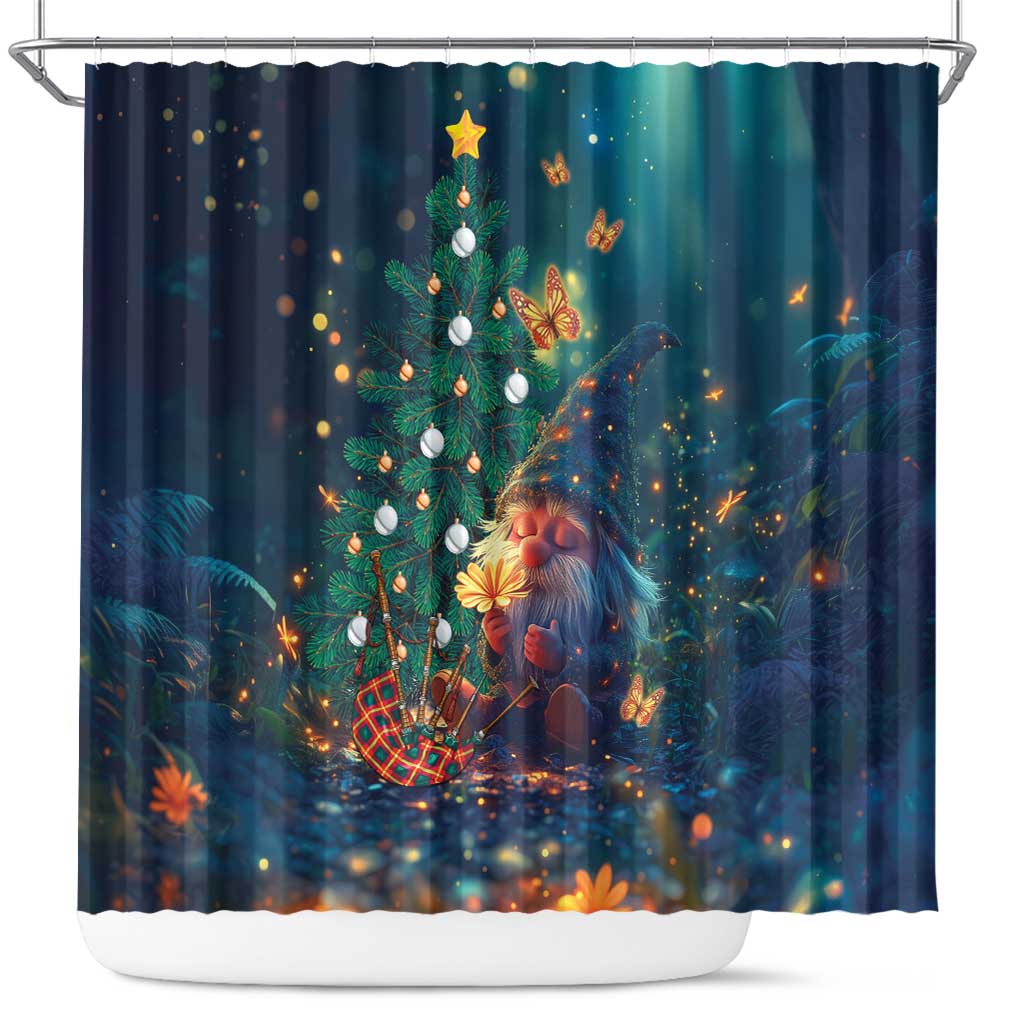 Dark blue shower curtain with Christmas tree, gnome figure, butterflies, and glowing lights