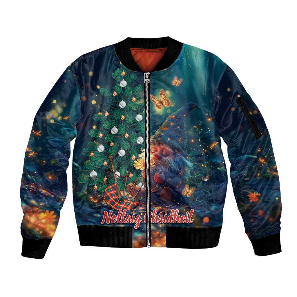 Nollaig Chridheil Scottish Gnome Sleeve Zip Bomber Jacket Bagpies Musical and Chirstmas Tree