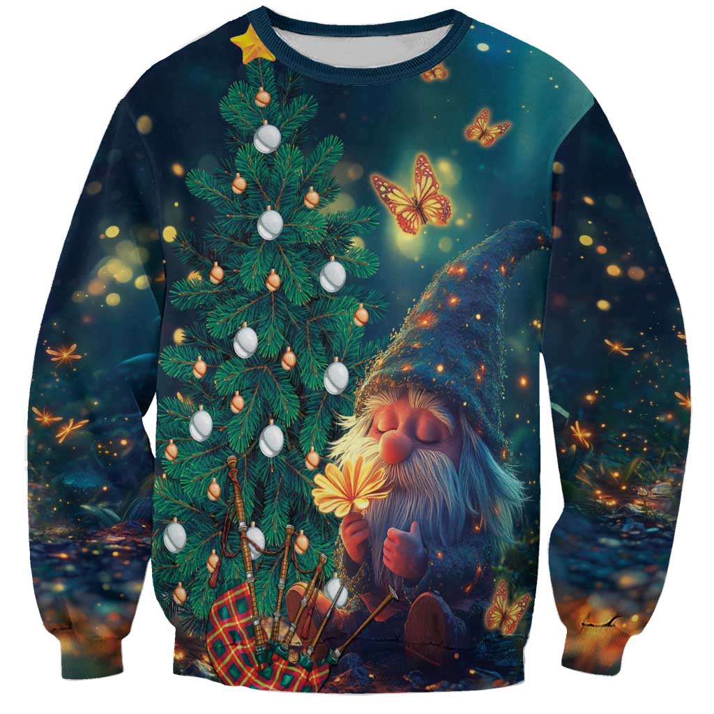 Teal Christmas gnome sweatshirt with decorated tree, butterflies, and ornaments graphic