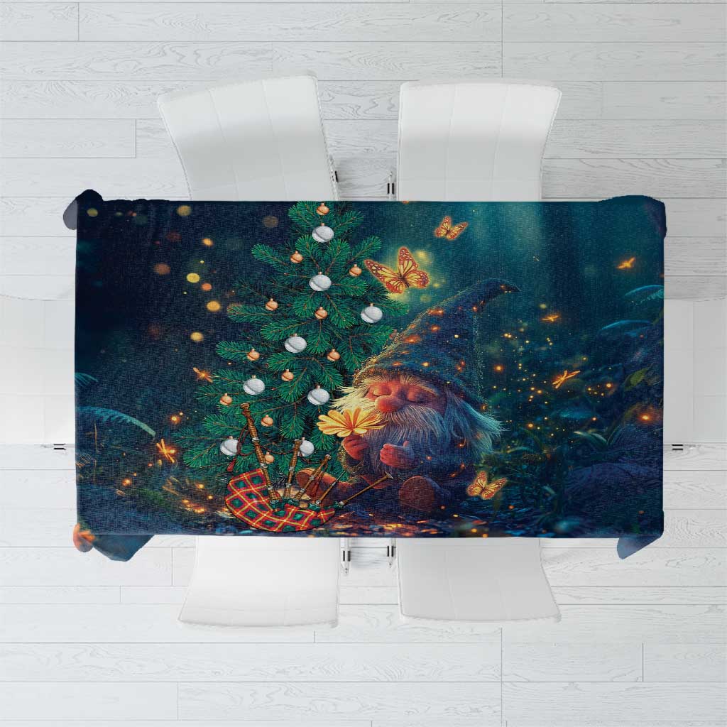Dark blue Christmas gnome tablecloth with tree, lights, stars, and plaid chair scene