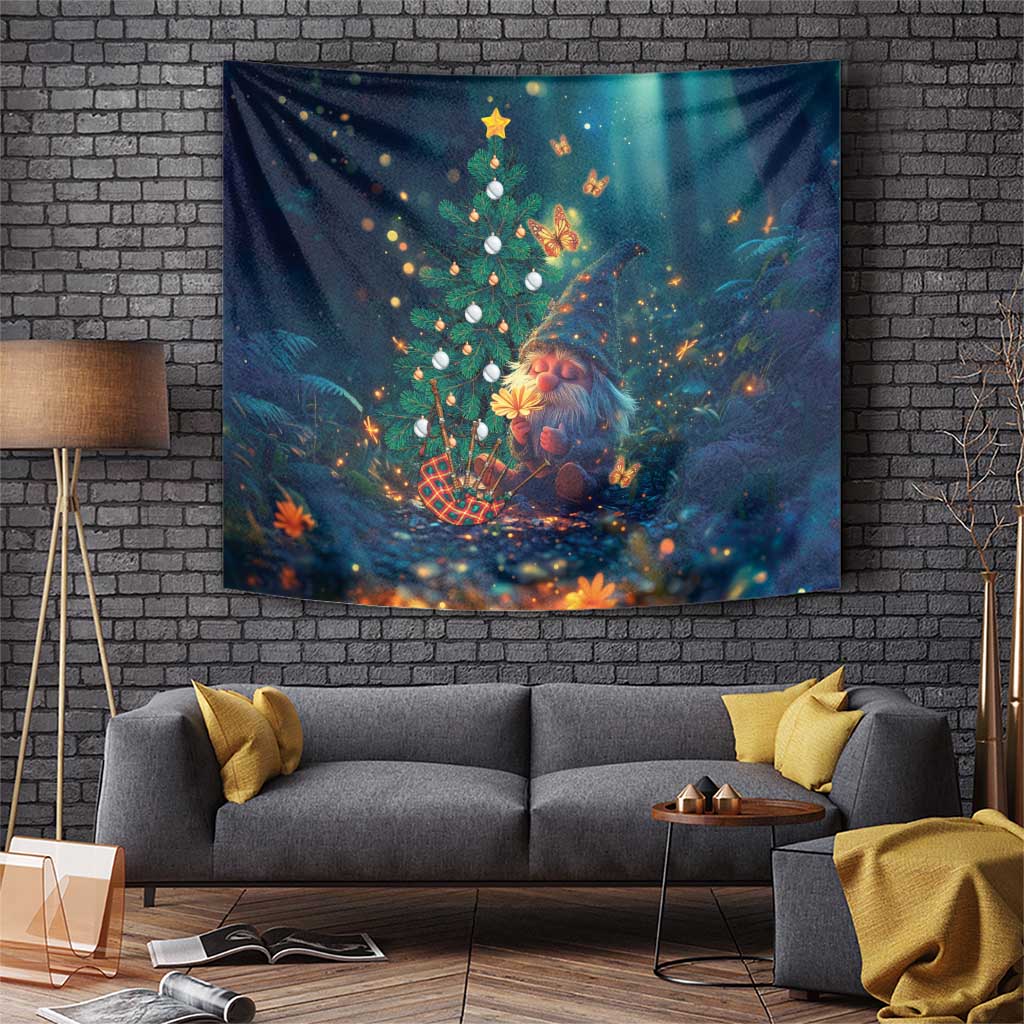 Christmas gnome wall tapestry with decorated tree, presents, warm lights; dark blue