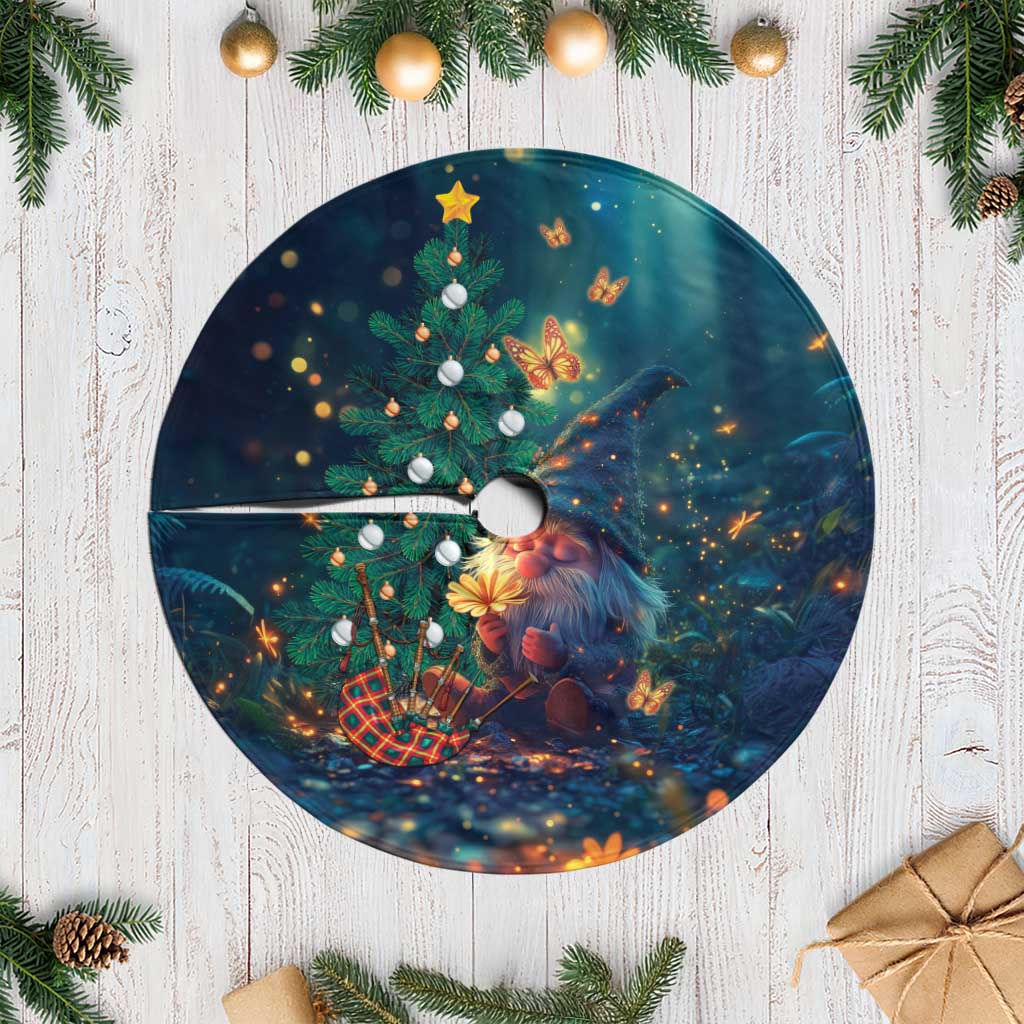 Round dark teal Christmas tree skirt with gnome scene, stars, and decorative lights