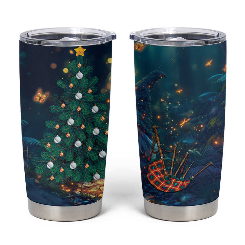 Blue holiday tumbler cup with pine tree graphic and clear screw-top lid