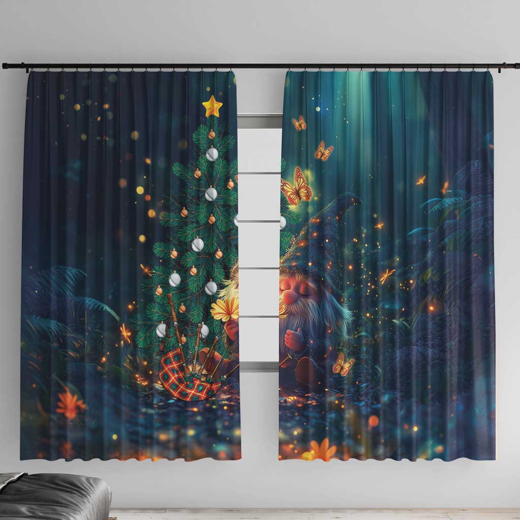 Christmas window curtain set with gnome by a decorated tree, blue and teal design.