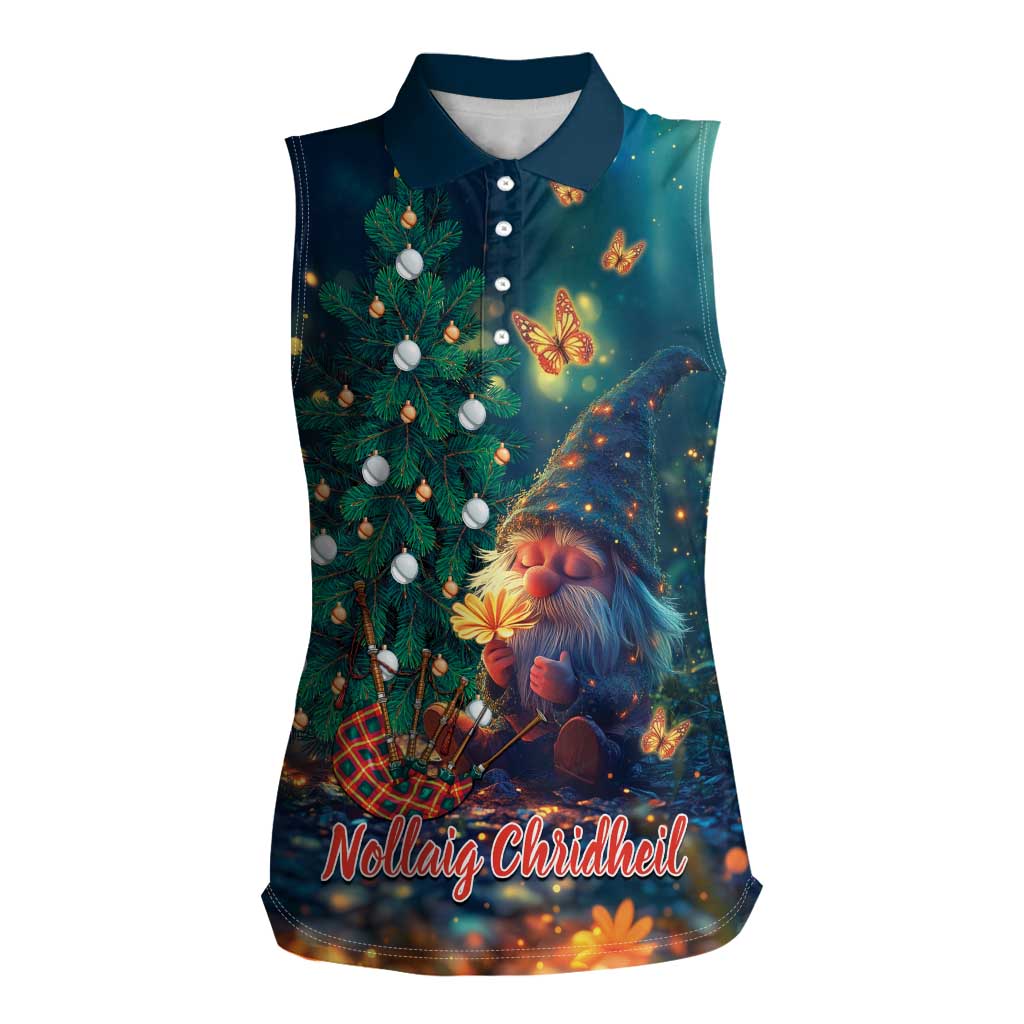 Nollaig Chridheil Scottish Gnome Women Sleeveless Polo Shirt Bagpies Musical and Chirstmas Tree