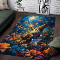 Dark blue area rug with gnome holding a staff, starry galaxy, butterflies, and flowers