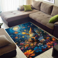 Dark blue area rug featuring a gnome in plaid holding a staff over colorful flowers