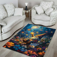 Dark blue area rug with gnome, starry sky, butterflies, and multicolor floral pattern