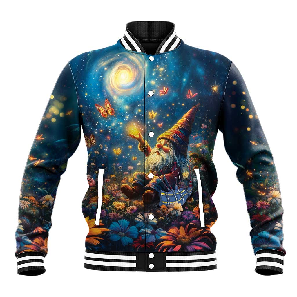 Unisex baseball jacket with starry night gnome graphic, ribbed collar and snap buttons
