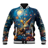 Unisex baseball jacket with starry night gnome graphic, ribbed collar and snap buttons