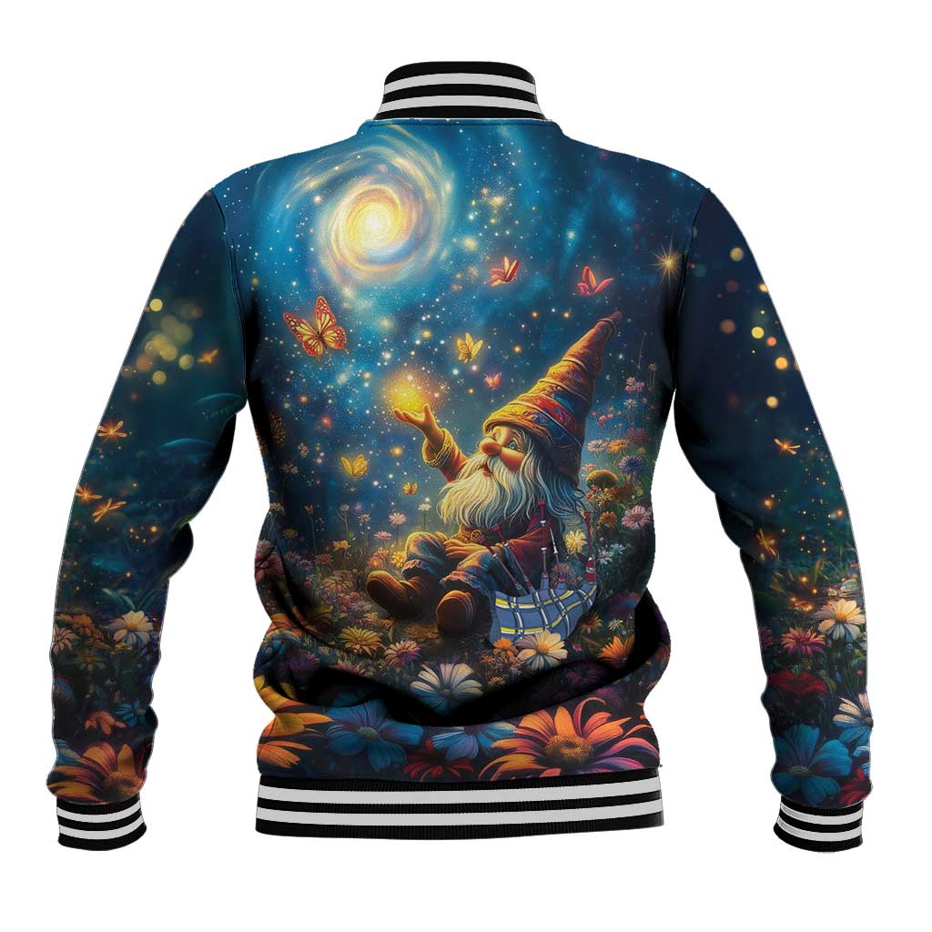 Unisex baseball jacket with starry gnome graphic on back, ribbed cuffs and striped hem