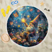 Round fringed beach blanket with starry-night gnome scene, colorful flowers and butterflies