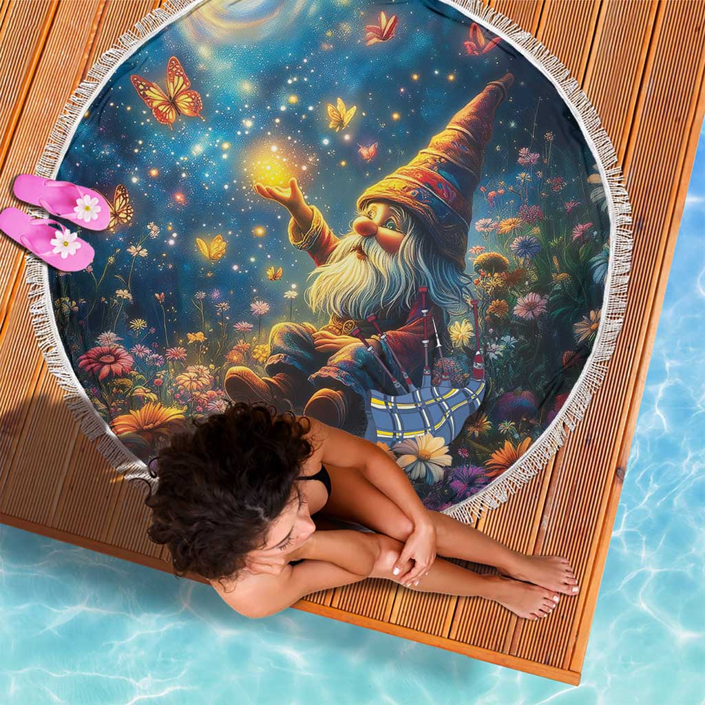 Round fringed beach blanket featuring starry gnome with flowers and butterflies, laid flat