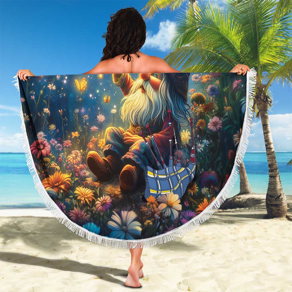 Round fringed beach blanket featuring a starry-night gnome with glowing lantern and flowers