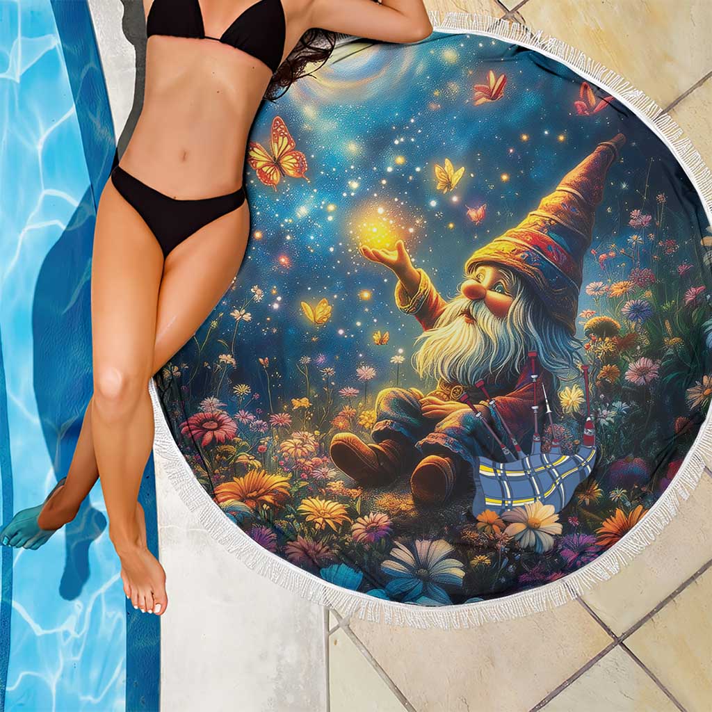 Round fringed beach blanket with starry gnome illustration, butterflies and colorful flowers