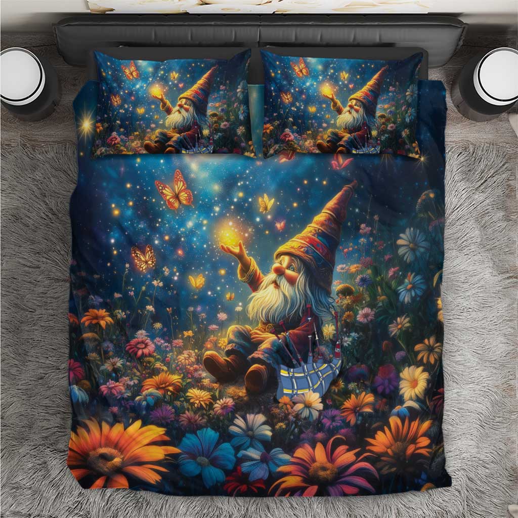 Gnome bedding set: navy duvet cover with gnome artwork, starry sky, and two square pillowcases