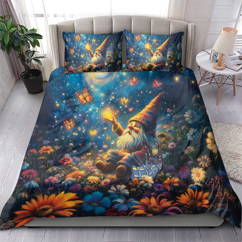 Gnome themed navy bedding set with starry night design and two decorative pillowcases