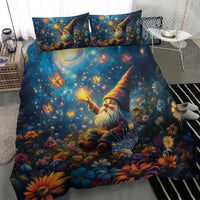 Gnome themed bedding set with navy duvet cover, starry lights, and two matching pillowcases