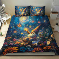 Navy gnome bedding set with stars, butterflies, and colorful flowers on duvet cover and pillows