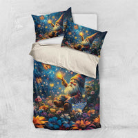 Gnome bedding set with navy duvet cover and two pillowcases featuring starry flowers and gnome