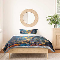 Navy gnome duvet cover with starry night artwork and two pillowcases on a wooden bed frame