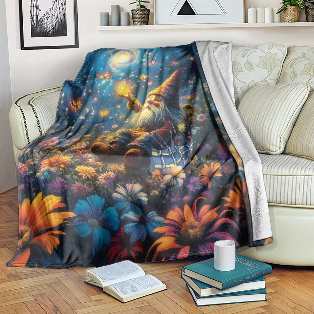 Dark blue Christmas gnome blanket with starry sky, flowers, butterflies, and hanging white border