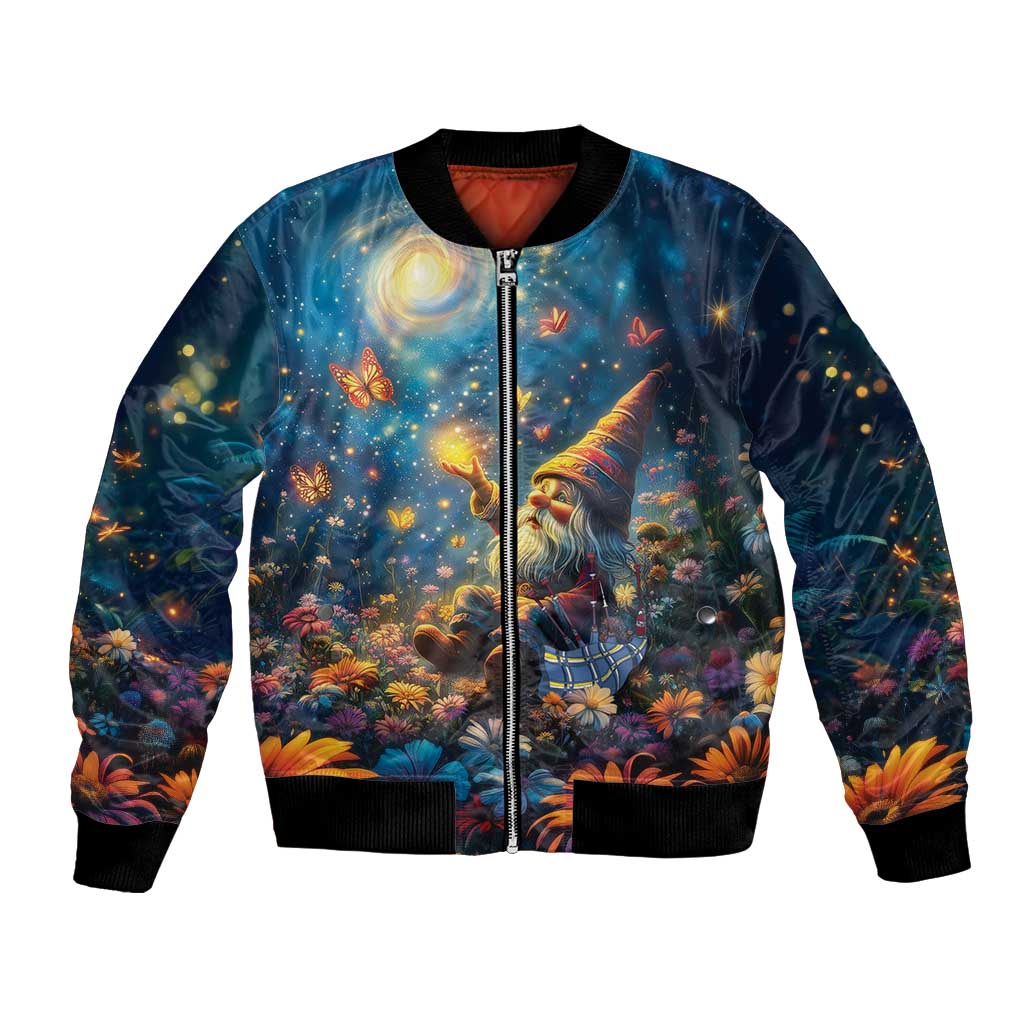 Unisex bomber jacket with starry-night gnome garden print and front zipper