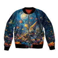 Unisex bomber jacket with starry-night gnome garden print and front zipper