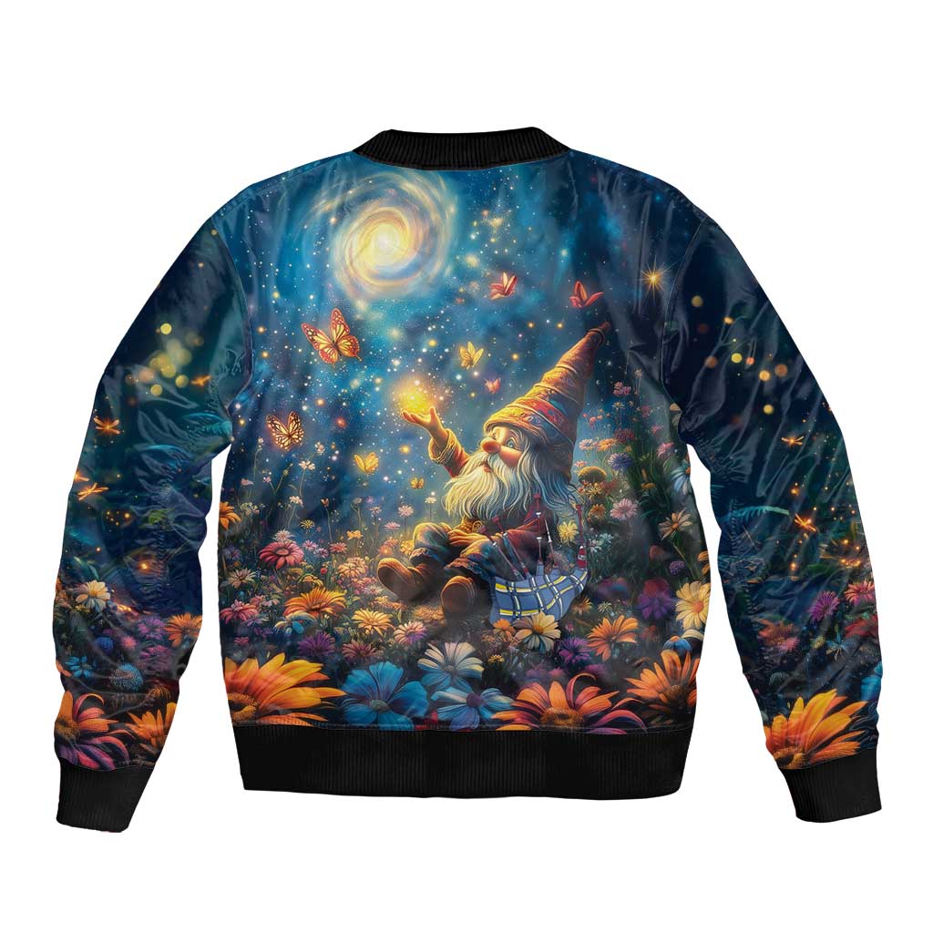 Unisex bomber jacket with starry-night gnome garden scene print and ribbed cuffs