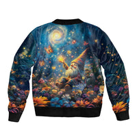 Unisex bomber jacket with starry-night gnome garden scene print and ribbed cuffs