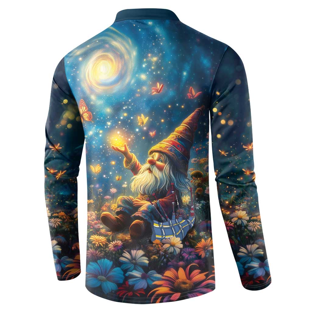 Scottish gnome button sweatshirt, back view with starry-night gnome scene on long sleeves