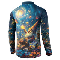 Scottish gnome button sweatshirt, back view with starry-night gnome scene on long sleeves