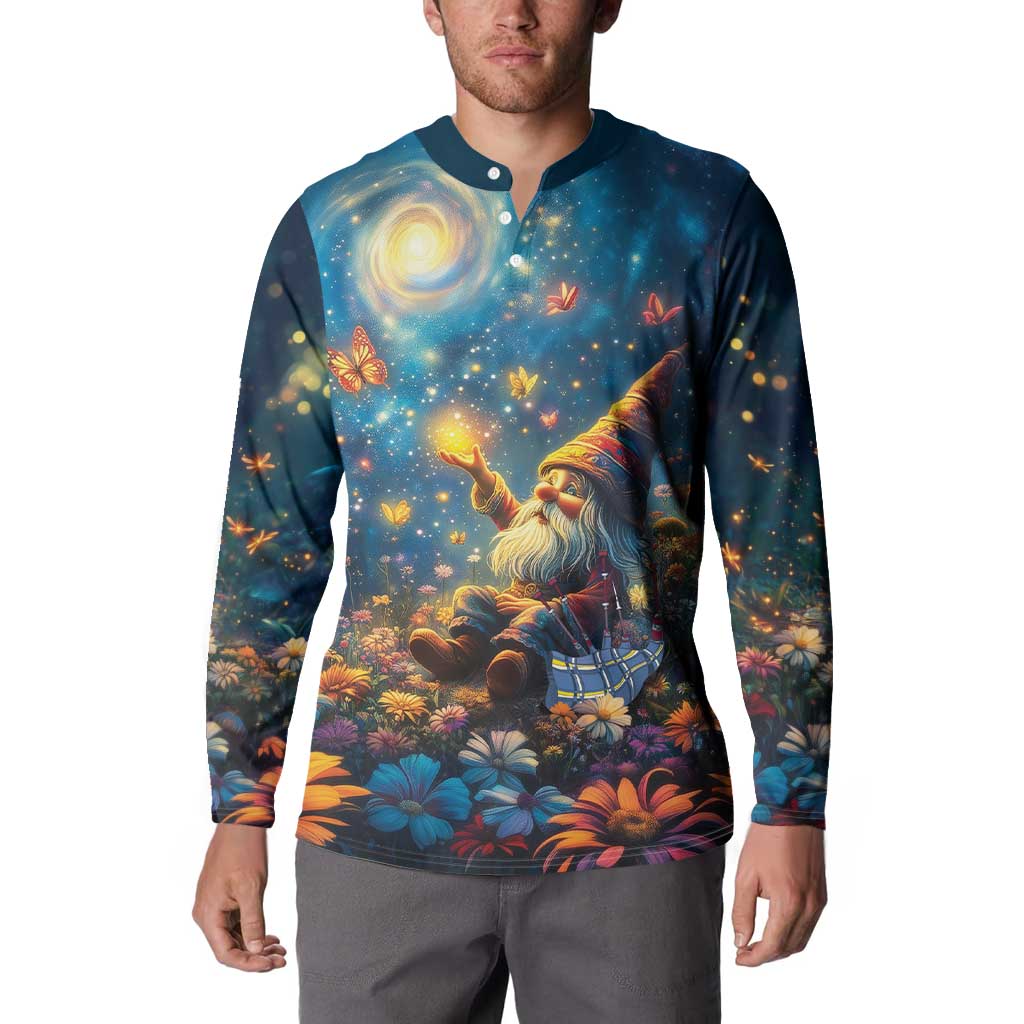 Scottish gnome button sweatshirt on model, long-sleeve henley with starry-night gnome print
