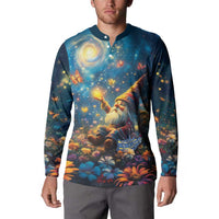Scottish gnome button sweatshirt on model, long-sleeve henley with starry-night gnome print