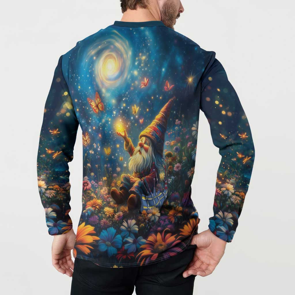 Scottish gnome button sweatshirt back view, long-sleeve henley with starry-night gnome scene