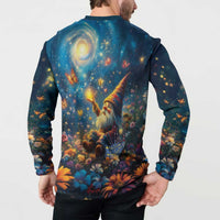 Scottish gnome button sweatshirt back view, long-sleeve henley with starry-night gnome scene