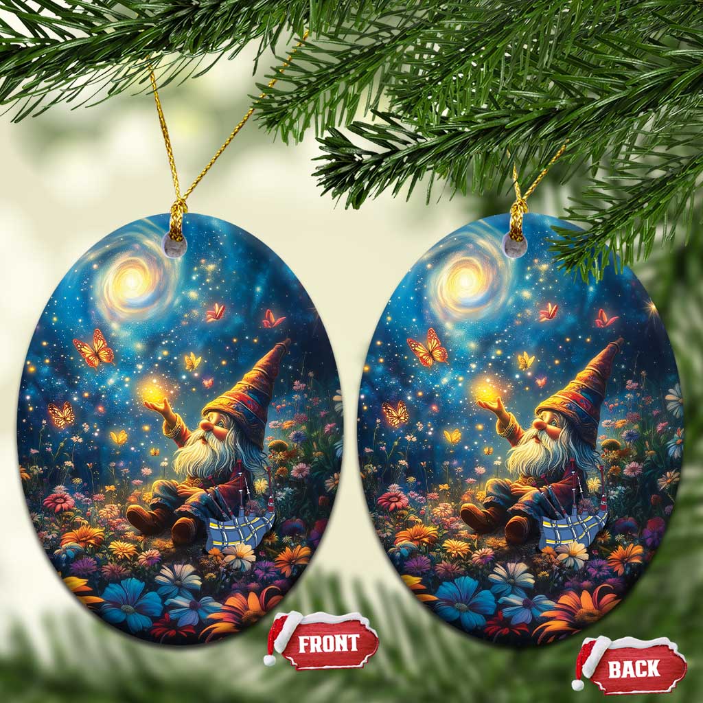 Pair of blue ceramic oval ornaments with Scottish gnome scene and gold hanging loops