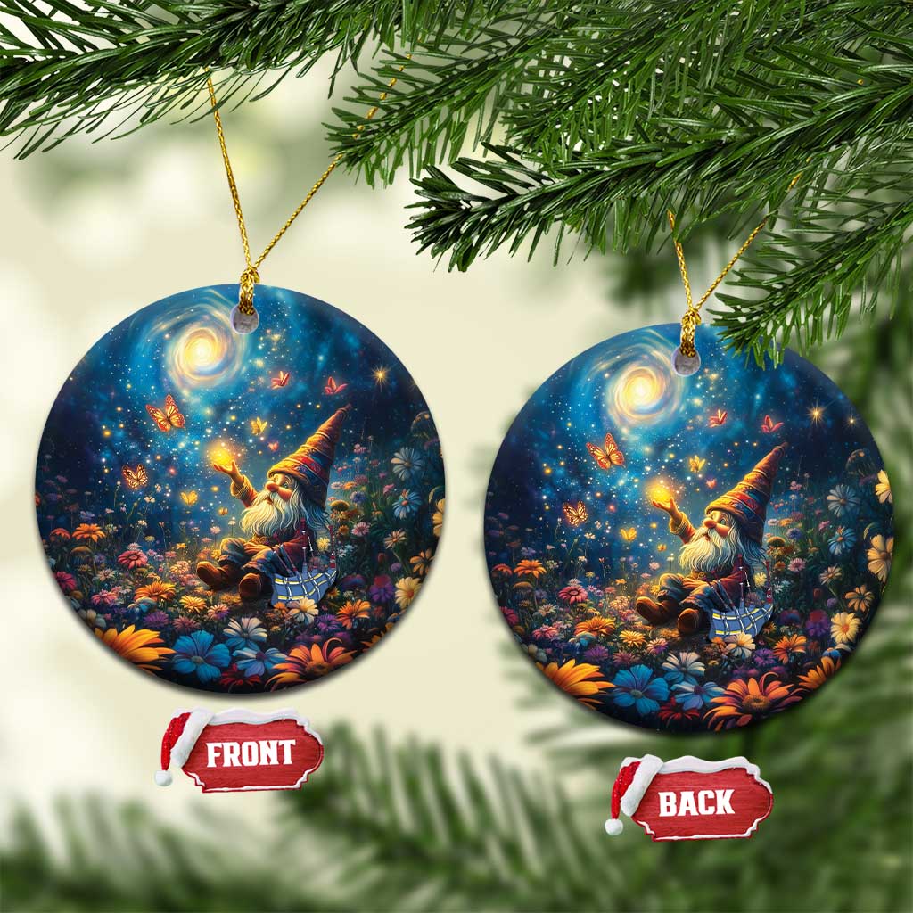Blue ceramic round ornaments with Scottish gnome and starry sky, gold hanging loops