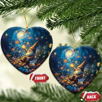 Blue ceramic heart-shaped ornament with Scottish gnome, swirling starry sky, gold loop