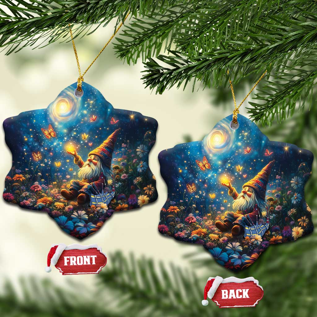 Blue ceramic bell-shaped ornaments with Scottish gnome under starry night, gold hanging loops