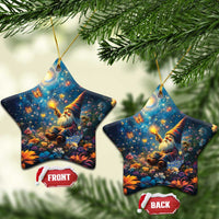 Blue ceramic star-shaped ornaments with Scottish gnome in a flower field, gold hanging loops