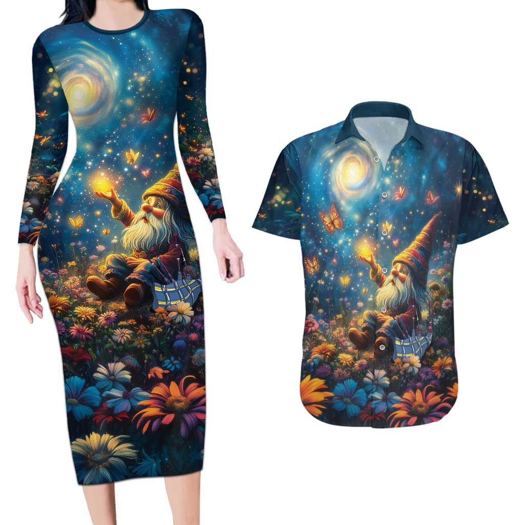 Nollaig Chridheil Scottish Gnome Couples Matching Long Sleeve Bodycon Dress and Hawaiian Shirt Merry Christmas with Starry Night LT9 - Wonder Print Shop