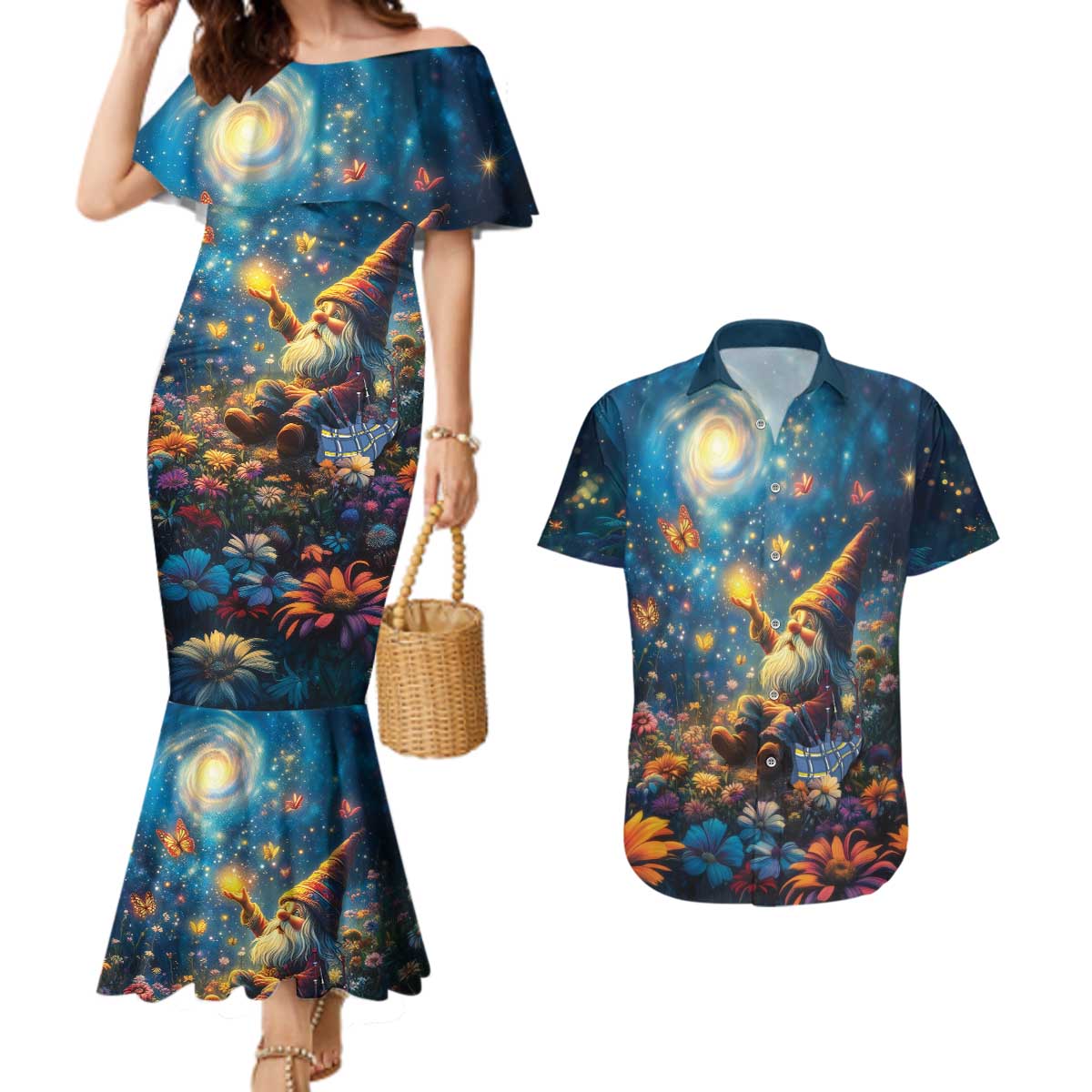 Nollaig Chridheil Scottish Gnome Couples Matching Mermaid Dress and Hawaiian Shirt Merry Christmas with Starry Night LT9 - Wonder Print Shop