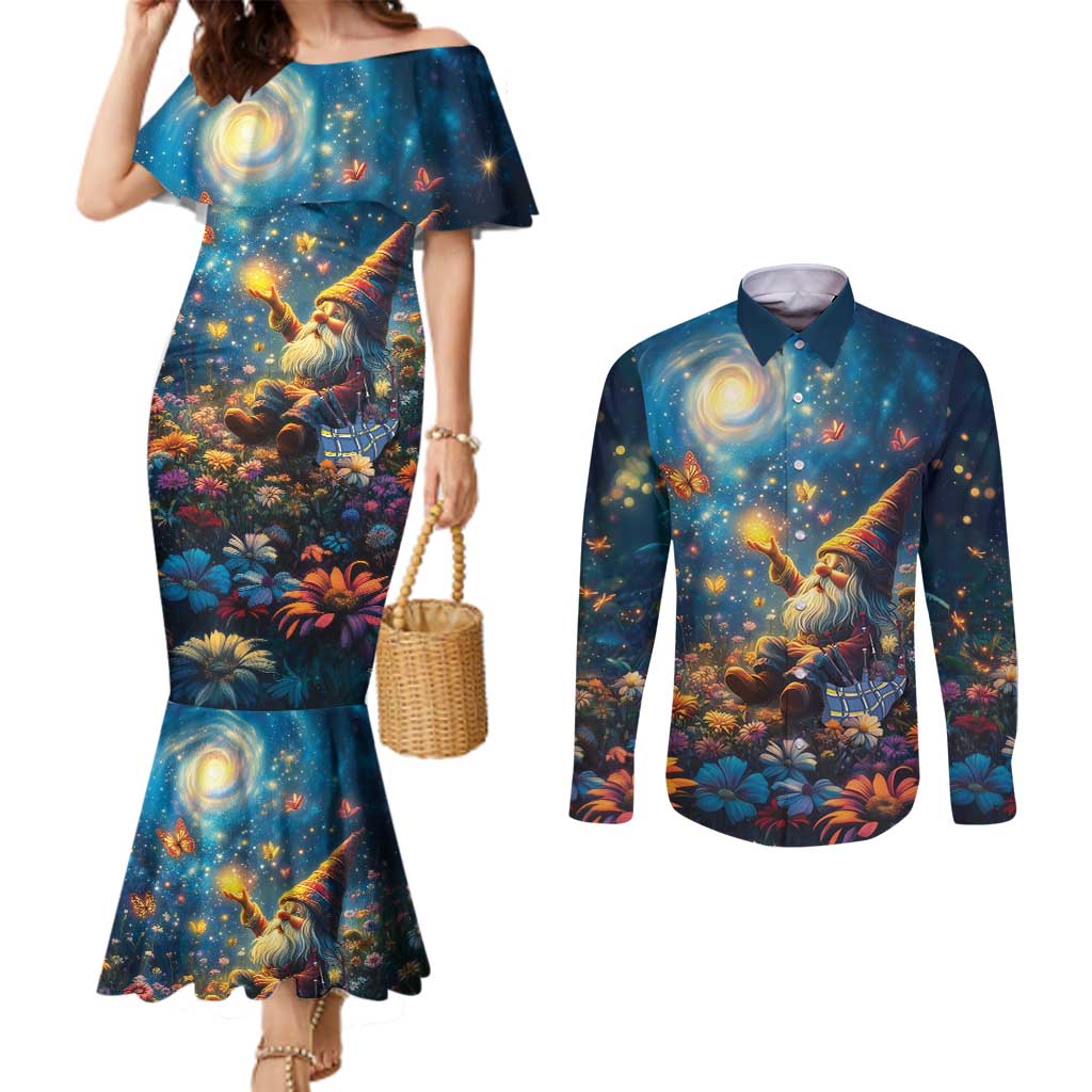 Nollaig Chridheil Scottish Gnome Couples Matching Mermaid Dress and Long Sleeve Button Shirt Merry Christmas with Starry Night